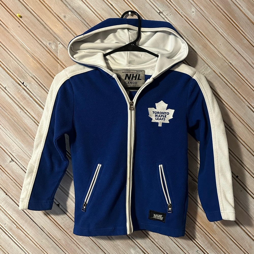 NHL Kids Toronto Maple Leafs Blue & White Fleece Zip-Up Hoodie Hockey Patch